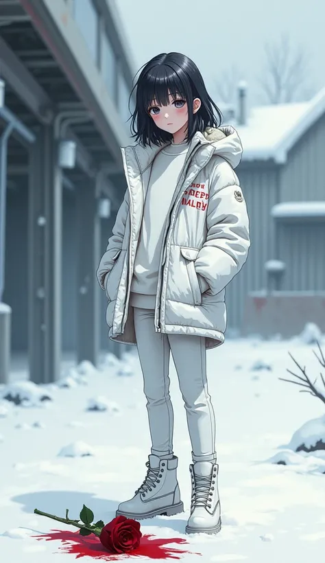 Snow,a girl with white parka go away,white pullover,white jeans,white timberland shoe,bloody rose on ground,sad,angarage text on jacket,manga,anime