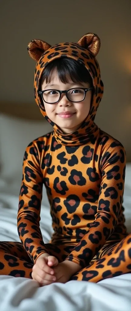 a most handsome and the most prettiest seventeen years old child teenager asian boy with a pair of glasses wears shiny leopard lycra long sleeved turtleneck unitard catsuit covered with seamless spots with a leopard tail.He always wear shiny leopard lycra ...