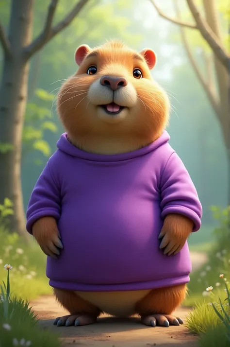 A capybara with a purple shirt