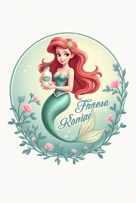 make a design product logo (make the logo circle) about bottled pudding name “fresca pudding” make it look cute and related to sweets (the theme is the little mermaid by disney), put a picture of a beautiful mermaid with polite clothes clothes holding a bo...