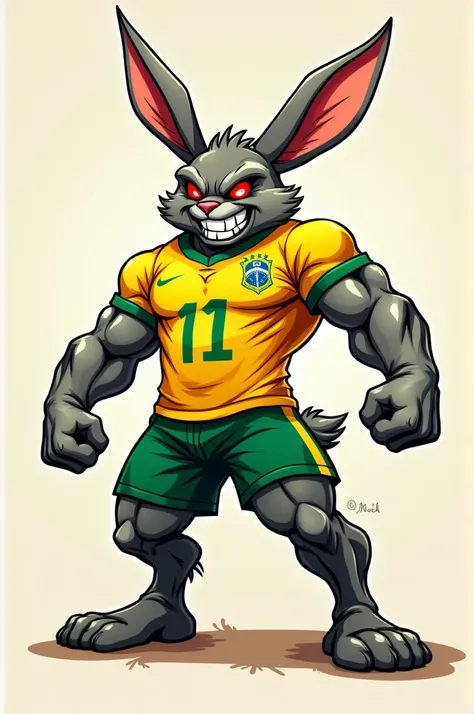 Create a logo of a rabbit with red eyes, Furiosa, WITH BLOOD IN EYES, and wear the Brazilian volleyball team uniform and be muscular 