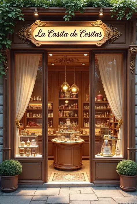 Perfumery store in France with a sign that says LA CASITA DE COSITAS with large windows with elegant curtains 