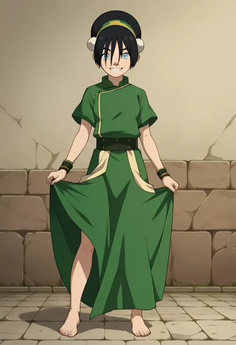 toph Beifong, ((masterpiece,best quality)), 1girl, solo, black hair, hairband, belt, short hair, dress, blue eyes, hair bun, green hairband, blind, chinese clothes, hair bun, green dress, short sleeves, cowboy shot, pelvic curtain, smile, contrapposto, ski...