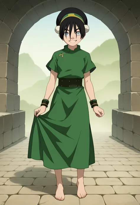 toph Beifong, ((masterpiece,best quality)), 1girl, solo, black hair, hairband, belt, short hair, dress, blue eyes, hair bun, green hairband, blind, chinese clothes, hair bun, green dress, short sleeves, cowboy shot, pelvic curtain, smile, contrapposto, ski...