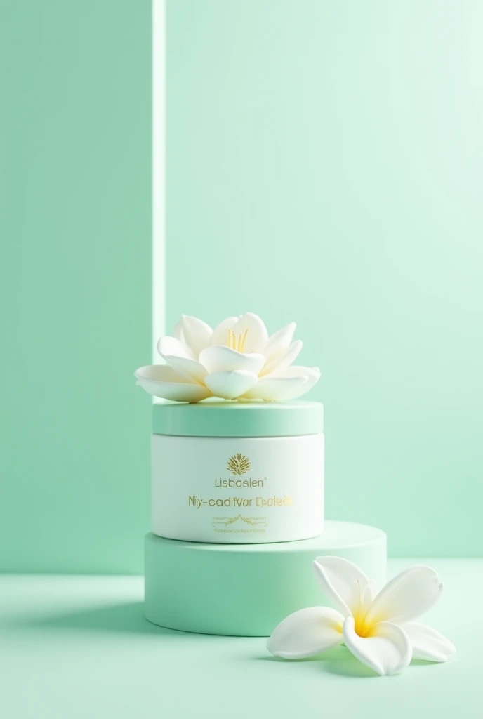 You can create a logo for a moisturizing and repairing cream that has a medium cream container with a pretty flower that uses a color palette between mint green, White and light blue 