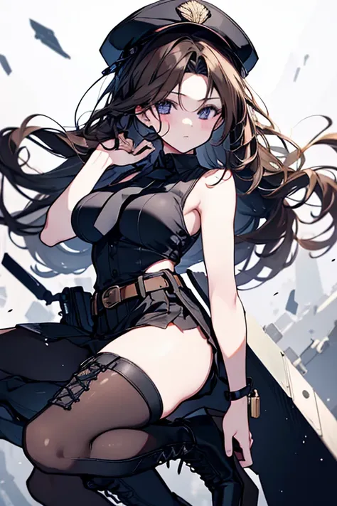 1 girl、Mature、Ample breasts、Long eyelashes、Long Hair、Dark Brown Hair、Curly Hair、Half Twin、Slicked back、Sleeveless、Shoulder Bare、tie、Camouflage、カーキ色のMiniskirt、belt、Lock、Black police hat、alute、Long boots、Lace-up boots、Stiletto heels、High heels、Live、Diva、Live...