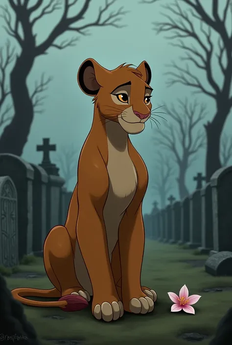 Create me an image of a sad NALA in a cemetery with a flower 