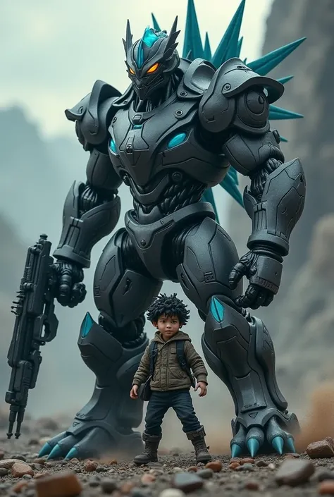 A 1 boy with black hair and blue tips, humanoid kaiju form, black and grey armor covering most of his body, high-tech futuristic weapon, dynamic action pose, cinematic lighting, gritty sci-fi atmosphere, intricate details, photorealistic, 8k, best quality