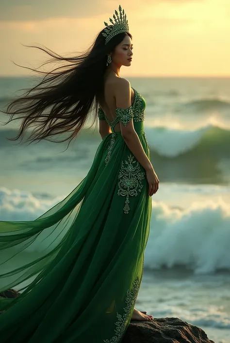 (photorealism:1.2), a beautiful javanese indonesian woman ,beautiful black loose hair ,wearing a beautiful crown with green pearls ,wearing a green kebaya like Nyi Roro Kidul&#39;s clothes, standing on a rock on the edge of the ocean ,big waves and the win...