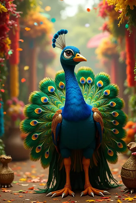 Create a samba themed photo about a peacock mascot with the name samba harmony 