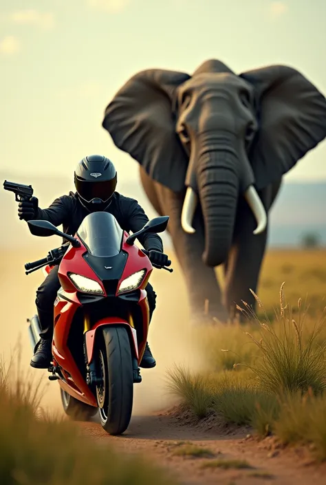 Hunter hopped on sportsbike shooting elephant with his pistol 