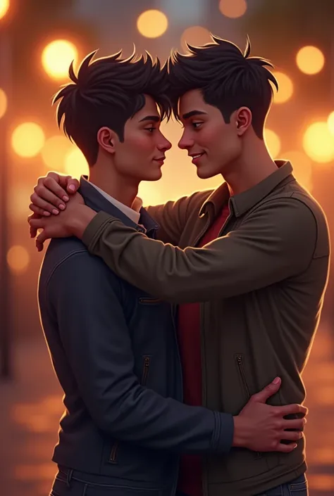 Two brothers holding each other (realistic) On a date 