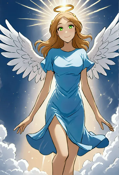 Angel woman wearing short blue dress, tight clothes, golden hair and green eyes, angel wings, Halo, flushed face, shy smile, angel woman coming from heaven, divine light.