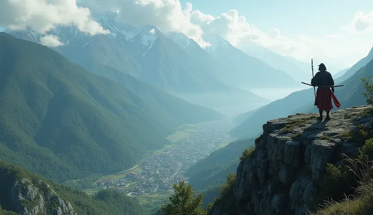 "A panoramic view of the mountainous regions of Iga and Koga in 15th century Japan, showing rural and isolated landscapes, with local inhabitants practicing survival skills and stealth techniques in their rugged environment, hyper-realistic, photo realism,...