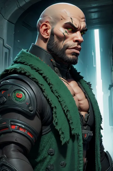 Villain, sci fi male ugly as a angry gorilla, angry roar, mouth open in an angry cry, gorilla face, big muscular and bald, cybernetic face, Xtreme, open black torn leather vest, dirt on his clothes and face, black outfit, bald,in sewers, dramatic lighting,...