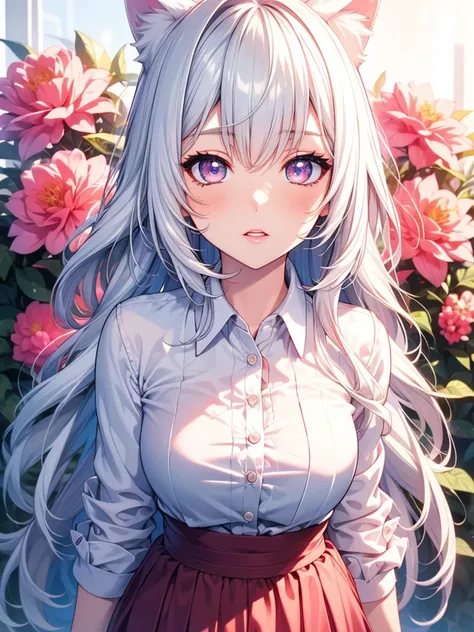 Cat ear, a woman with long silvery white hair, pale pink lips,intellectual, pink eyes, 1 girl, beautiful detailed eyes, beautiful detailed lips, extremely detailed eyes and face, long eyelashes, flower garden, shirt, skirt