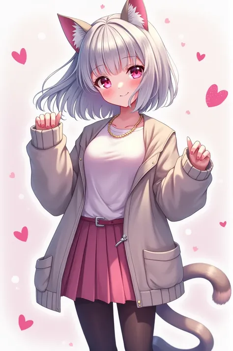 (masterpiece, Highest quality:1.5), (Super detailed, High resolution, 8k, Beautiful details, High resolution, Best Anatomy), Silver Hair, Cat ear、Pink Eyes,Medium chest, 1 cute girl, cardigan, skirt, leggings, looks fun
