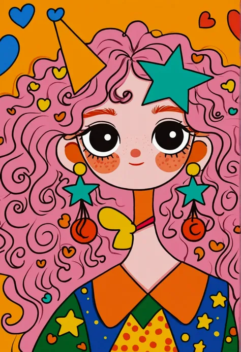 The characters in the illustrations have natural expressions，long, Pink curly hair, Decorated with orange and green horn hair accessories. The character wears a green shirt with an orange triangle pattern，Wearing star-shaped earrings. The background color ...