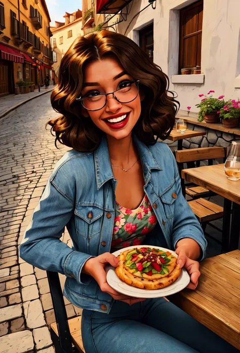 A cheerful 2 woman with curly dark brown hair, dark-framed glasses, small dark eyes, and a straight, prominent nose. Her skin is bronze-toned. She is smiling brightly as she sits at a cozy outdoor restaurant in a charming European city, enjoying a glass of...