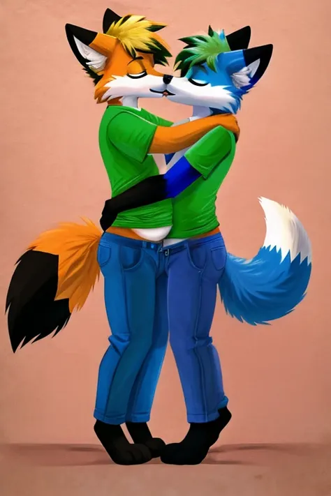 Psychotic Fox Productions, an orange emo furry fox with dyed blue and green hair, wearing a lime green t-shirt, and blue pants. He is with Silly Sam/Silly Sly the sky blue fox with blonde hair. Both of them are rubbing their full bellies together and kissi...