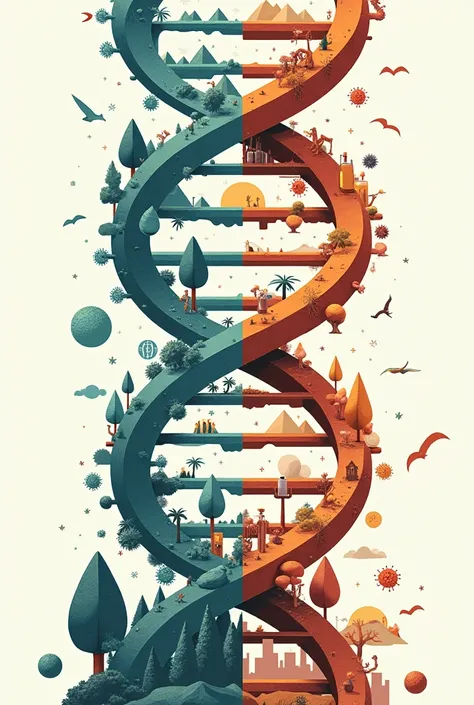 Una ilustración dividida en dOs partes. In one half, se puede ver una dOble hélice de ADN cOn flechas que representan la evOlución y la naturaleza (mOntañas, árbOles, animals, etc.), simbOlizandO las mutaciOnes naturales. En la Otra mitad, se muestran símb...