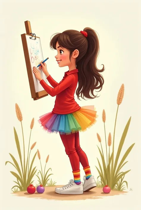 Standing girl drawing with red long sleeve polo shirt, red pants and colorful tutu skirt and rainbow colored short tights and white sneakers