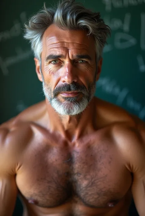 masterpiece, best quality, high resolution, closeup portrait, male focus, solo focus, A man, 4, grey hair, in unbuttoned shirt, college professor, middle aged but fit, messy hairstyle, scruffy, cute and seductive face, bare chest, body hair, facial hair, p...