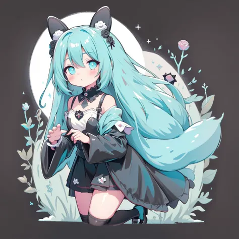 Chibi、Cyan Background、Black clothes、Long sleeves with flared cuffs、Shoulders are exposed、One-piece flared skirt、Holding a stuffed rabbit in one hand、Black and cyan socks、Gothic Shoes、Front facing the viewer、Black Rose、🌙、Perfect Anatomy