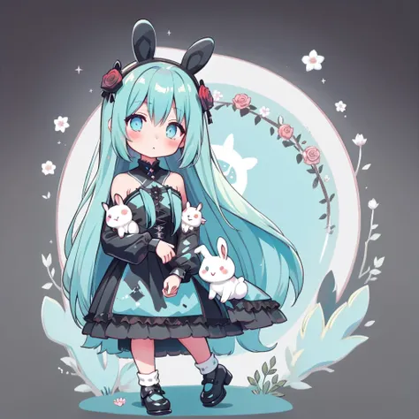 Chibi、Cyan Background、Black clothes、Long sleeves with flared cuffs、Shoulders are exposed、One-piece flared skirt、Holding a stuffed rabbit in one hand、Black and cyan socks、Gothic Shoes、Front facing the viewer、Black Rose、🌙、Perfect Anatomy