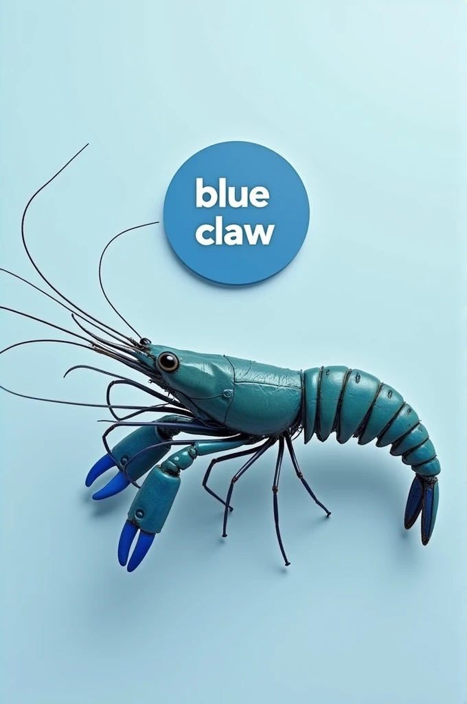 LARGE SHRIMP WITH BLUE CLIPS FLAT CENTER LOGO WITH WRITING "BLUE CLAW"