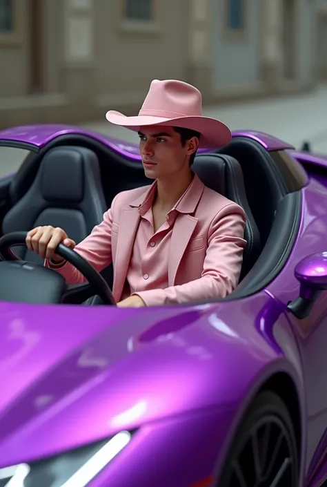 A young man, beautiful, elegant, white skin, skinny, soft leather, rostro perfecto  camisilla de color rosado traje rosa sobrero rosa con un  lamborghini lila manejando hombre beautiful 