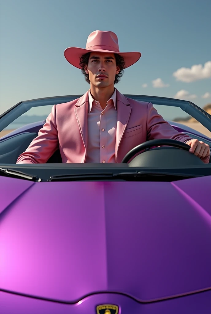 A young man, beautiful, elegant, white skin, skinny, soft leather, rostro perfecto  camisilla de color rosado traje rosa sobrero rosa con un  lamborghini lila manejando hombre beautiful 