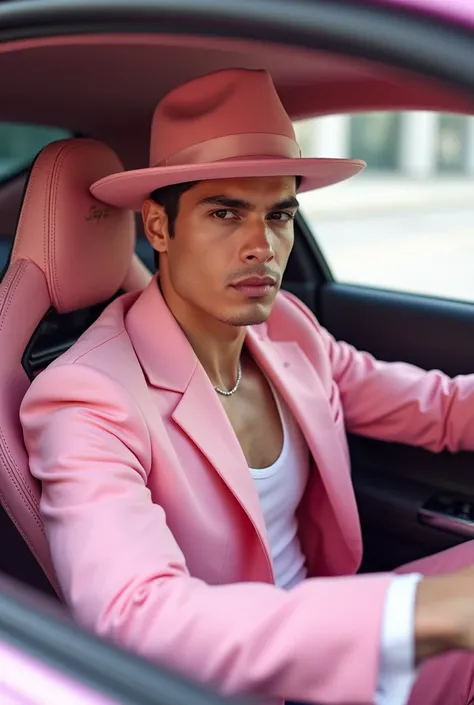 A young man, beautiful, elegant, white skin, skinny, soft leather, rostro perfecto  camisilla de color rosado traje rosa sobrero rosa con un  lamborghini lila manejando hombre beautiful de play boy