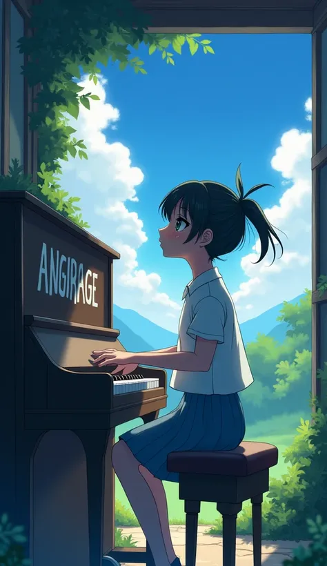 Girl playing piano,cry,look in the sky,outdoor,angarage text on piano,anime,manga