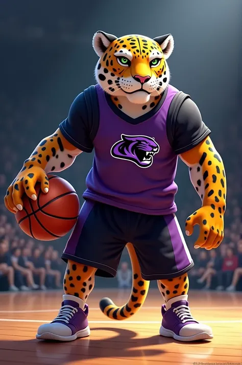 A basketball playing jaguar in a purple and black t-shirt 