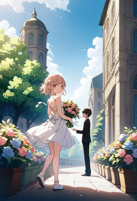 a short hair girl giving a bouquet of flowers to a tall boy. school background, girl is bowing down and arms outstretched giving...