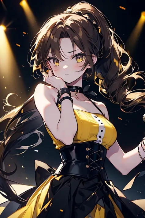 1 girl、Mature、Ample breasts、Long eyelashes、Long Hair、beautiful顔、Dark Brown Hair、ponytail、ハイponytail、Straight Hair、Slicked back、No bangs、Shoulder Bare、Choker、bracelet、Yellow and black outfit、Yellow tops、Yellow miniskirt、Yellow dress、Black Belt、corset、Sleeve...