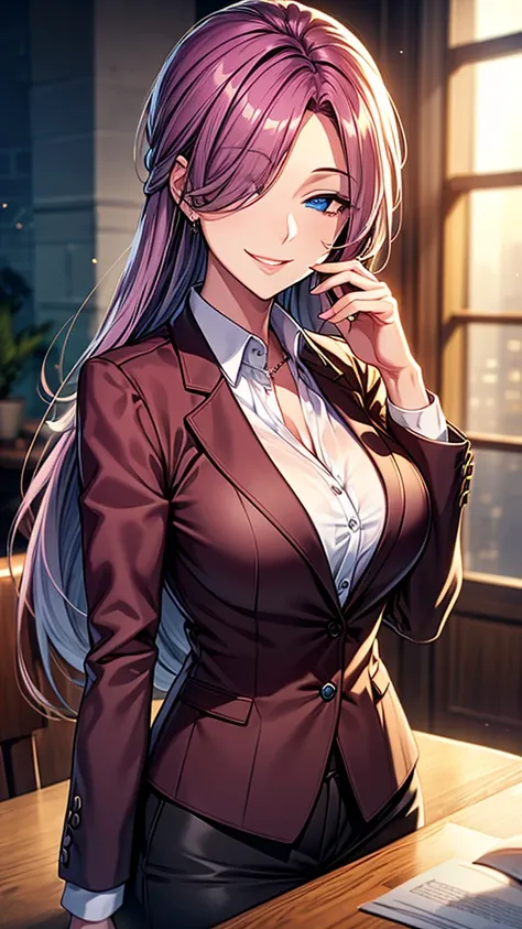 Elegant mature woman, blue eyes, magenta hair, long Messy hair,(hair over one eye:1.21), blazer, cleave shirt, see through nipple, 4k resolution, high quality, beautiful cg, upper body, (smile:1.2)