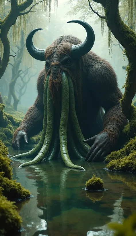 cephalopods, green tentacles of the swamp, covered in black and brown shaggy fur, black minotaur horns, masterpiece, The best quality