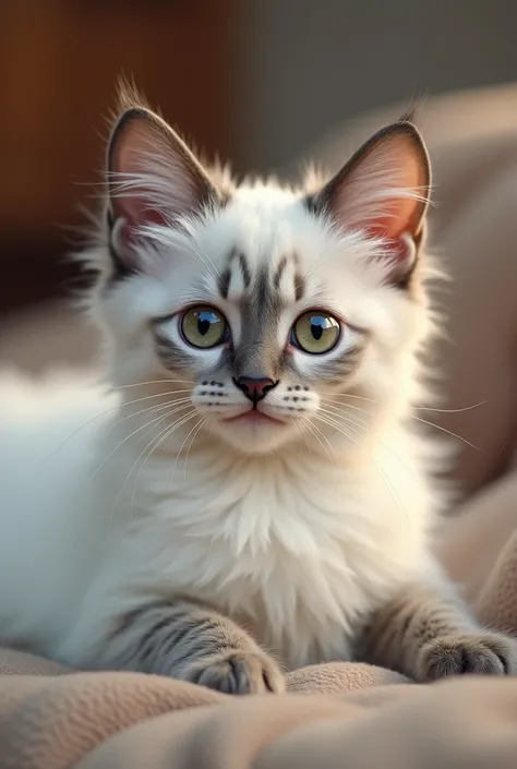 Male cat with sweet eyes, white with gray 