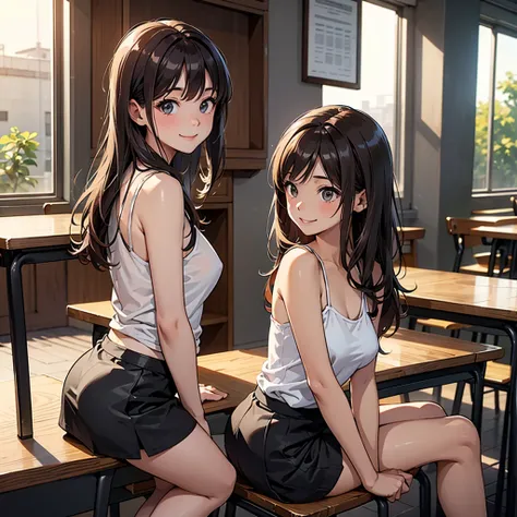 Best Quality、masterpiece、High resolution、Business Teacher、Small, round breasts、Alone、Sitting at a desk、Facing forward and smiling、Brown long hair、Grey mini skirt、Camisole that shows off your breasts、Inside the cafe、evening