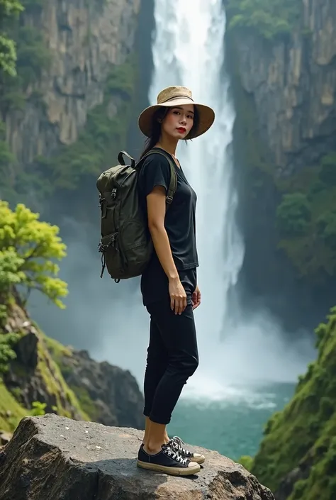 Front facing photo of a beautiful Asian woman,Standing on a rock by a tall waterfall, wearing a hat and carrying a backpack.,Wear a black T-shirt and long pants.,canvas shoes,Realistic movies,Nature Shots,The picture is very clear.,Real people