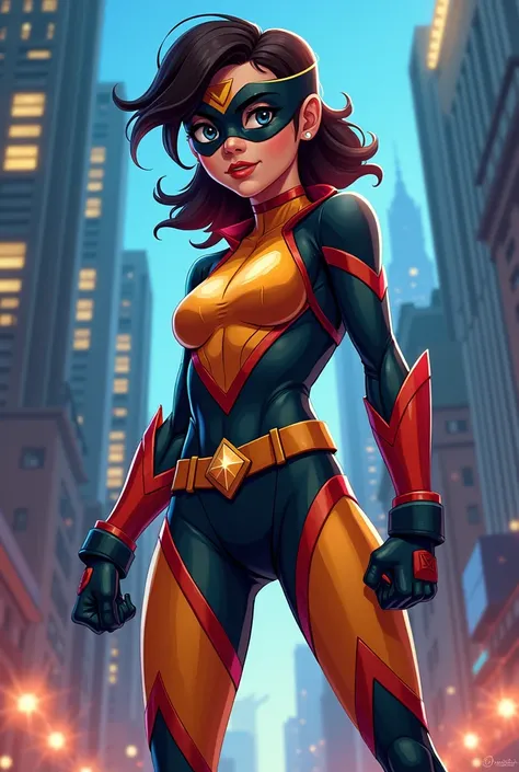 A young animated female superhero with her face covered