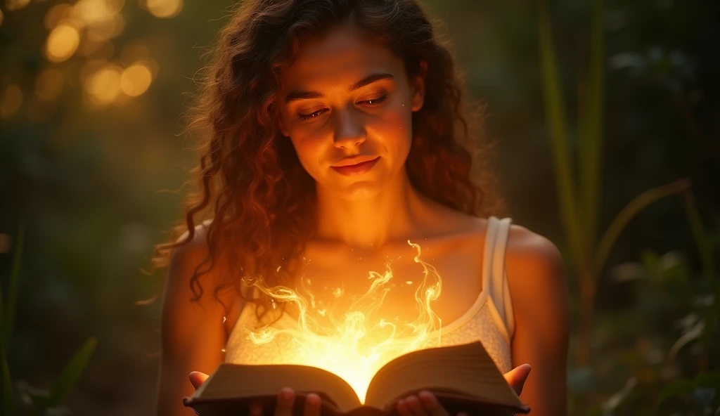 an OPEN Bible glowing with divine light, . The background hints at lush nature. Golden hour lighting, warm skin tones. Emotional expression of awe. Professional photography style., dreamlike, mystical mood with intense colors and intricate details, DSLR, c...