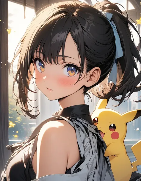 1 woman, Alone, Promo Art, Mika Pikachu, masterpiece, bare shoulders,  Ponytail, Looking at the viewers 