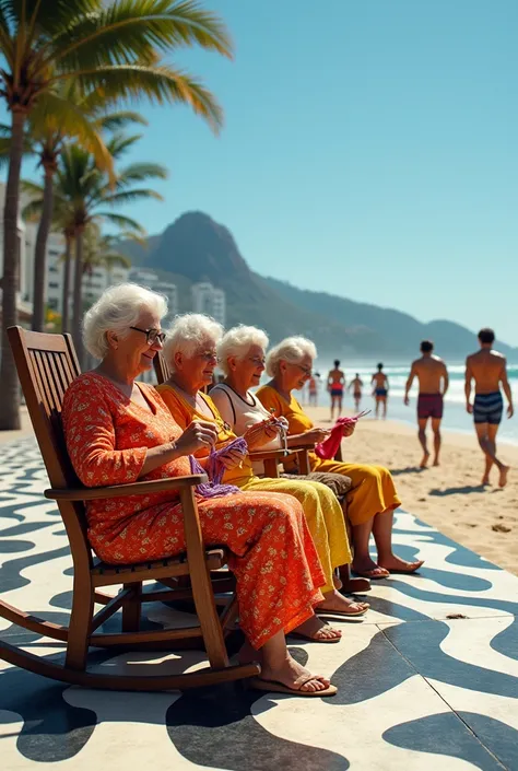 Four elderly women with white hair, dressed in vibrant, youthful, and trendy clothes, sit on wooden rocking chairs along the famous black-and-white wavy-patterned sidewalk of Copacabana. They are peacefully knitting, exuding a mix of modern style and tradi...