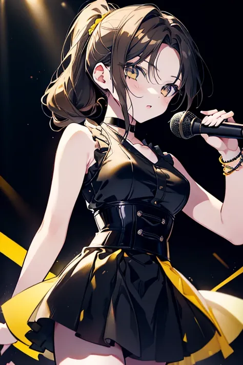 1 girl、Mature、Ample breasts、Long eyelashes、Long Hair、beautiful顔、Dark Brown Hair、ponytail、ハイponytail、Straight Hair、Slicked back、No bangs、Shoulder Bare、Choker、bracelet、Yellow and black outfit、Yellow tops、Yellow miniskirt、Yellow dress、Black Belt、corset、Sleeve...