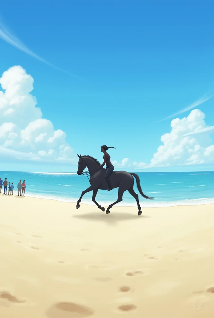 One people riding a horse on the beach with people watching

