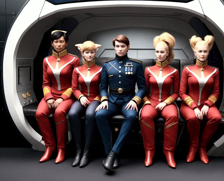 The bridge of the starship is abuzz with activity as a diverse group of 12 recently graduated Cosmicfleet Academy cadets and 12 officers from various species, one is anthropomorphic metallic red frog humanoid, 3 Humans, green aliens with antennas, coming o...