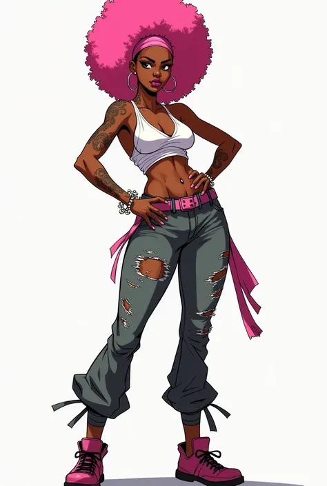 A  black female pink alfro headband and pink and white martial artist with tattered clothes emphasizes her buttocks 80s anime character design sheet 